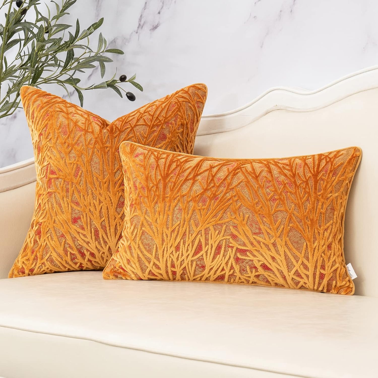 Yangest Orange Yellow Throw Pillow Cover Velvet Cushion Cover Branches Rectangular Pillowcase for Sofa Couch Bedroom Living Room, 12x20 Inch