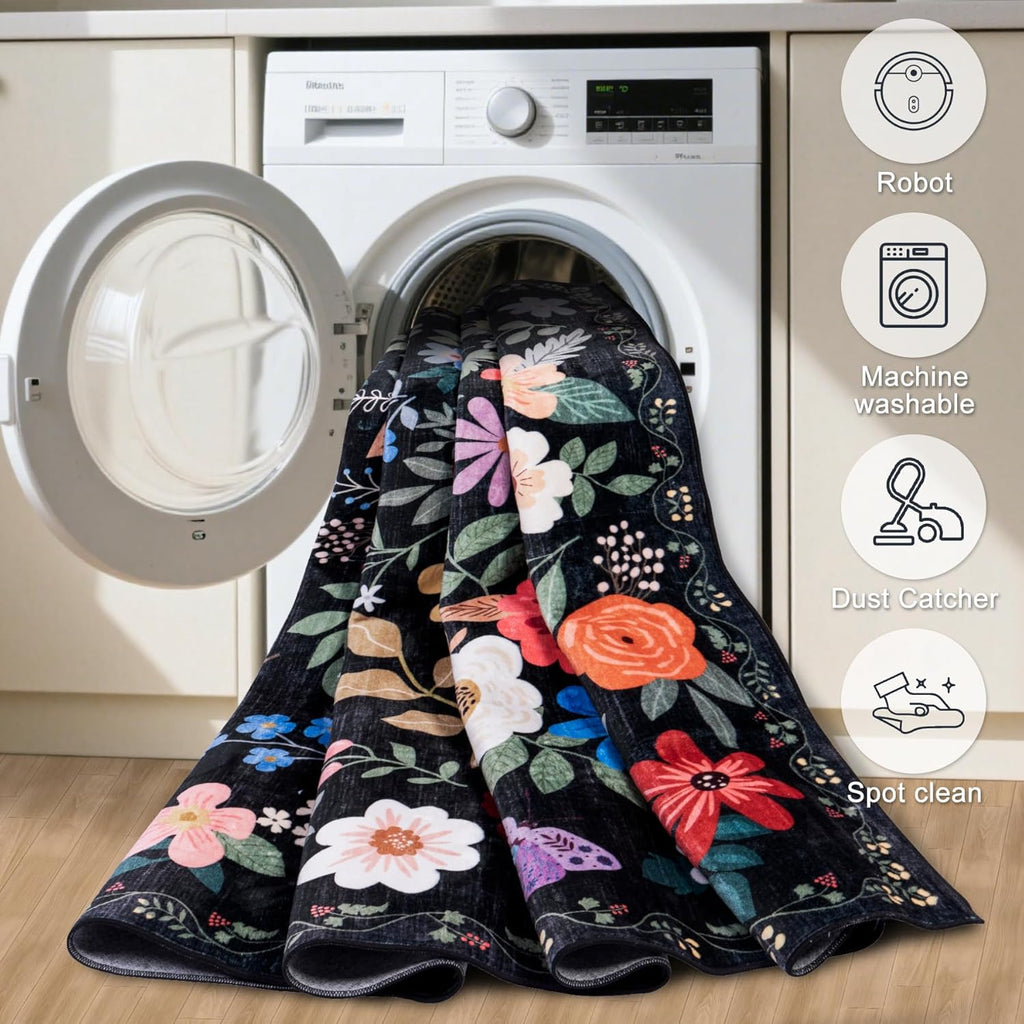 10x12 Area Rugs for Living Room: Floral Washable Rug Vintage Large Soft Boho Non-Slip Carpet Stain Resistant Low Pile Carpets for Bedroom Dining Room Farmhouse Nursery Hallway Home Office Black