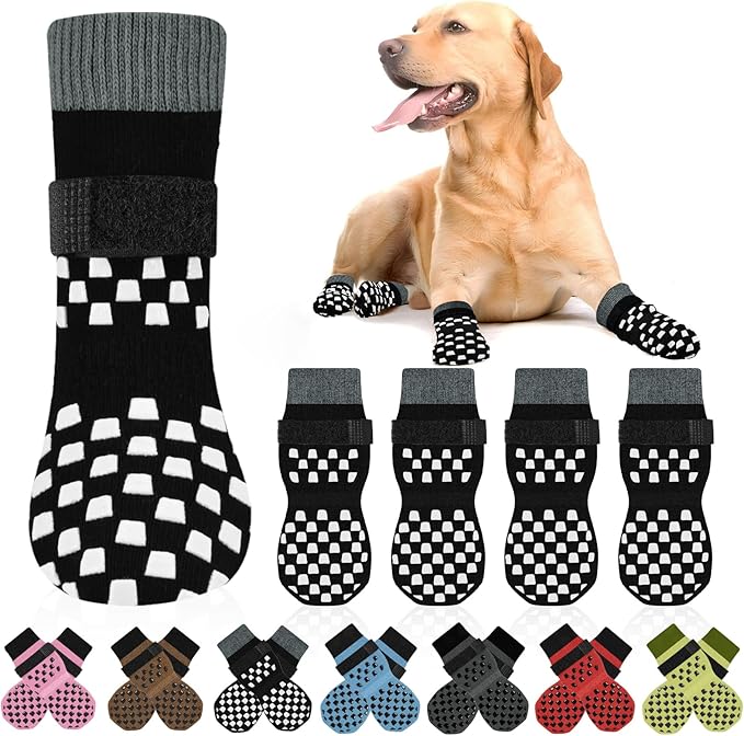 Non Slip Dog Socks to Prevent Licking Paws Grippy Socks for Senior Dog on Hardwood Floors Anti Slip Dog Socks for Hot Pavement Double Side Paw Protector Prevent Scratching Black XL