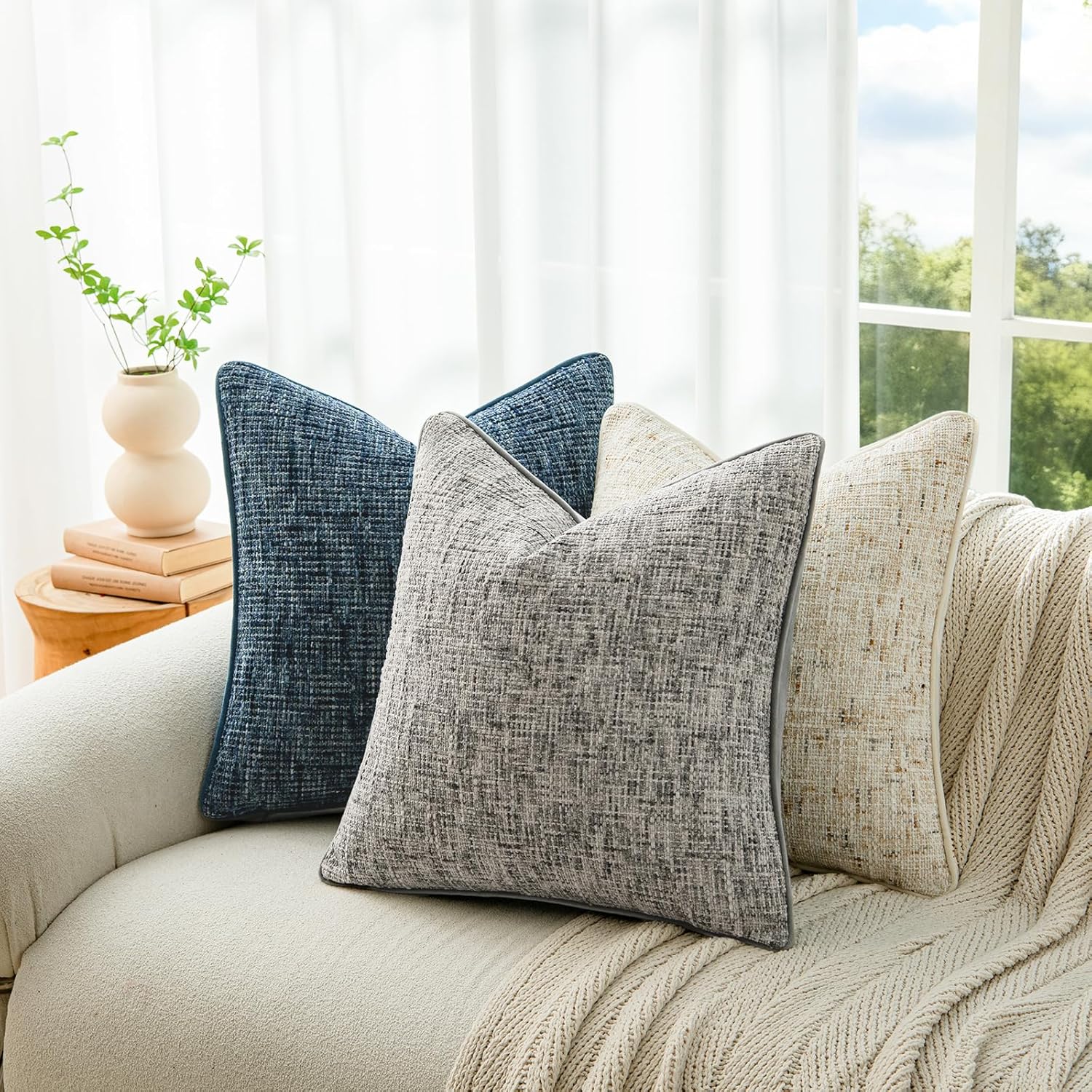 a moment Grey Reversible Pillow Covers 2 Pack - Farmhouse Chenille Throw Pillows, Neutral Textured Decorative Throw Pillow Covers with Border for Couch Sofa Bed (12x20 Inch, No Insert)