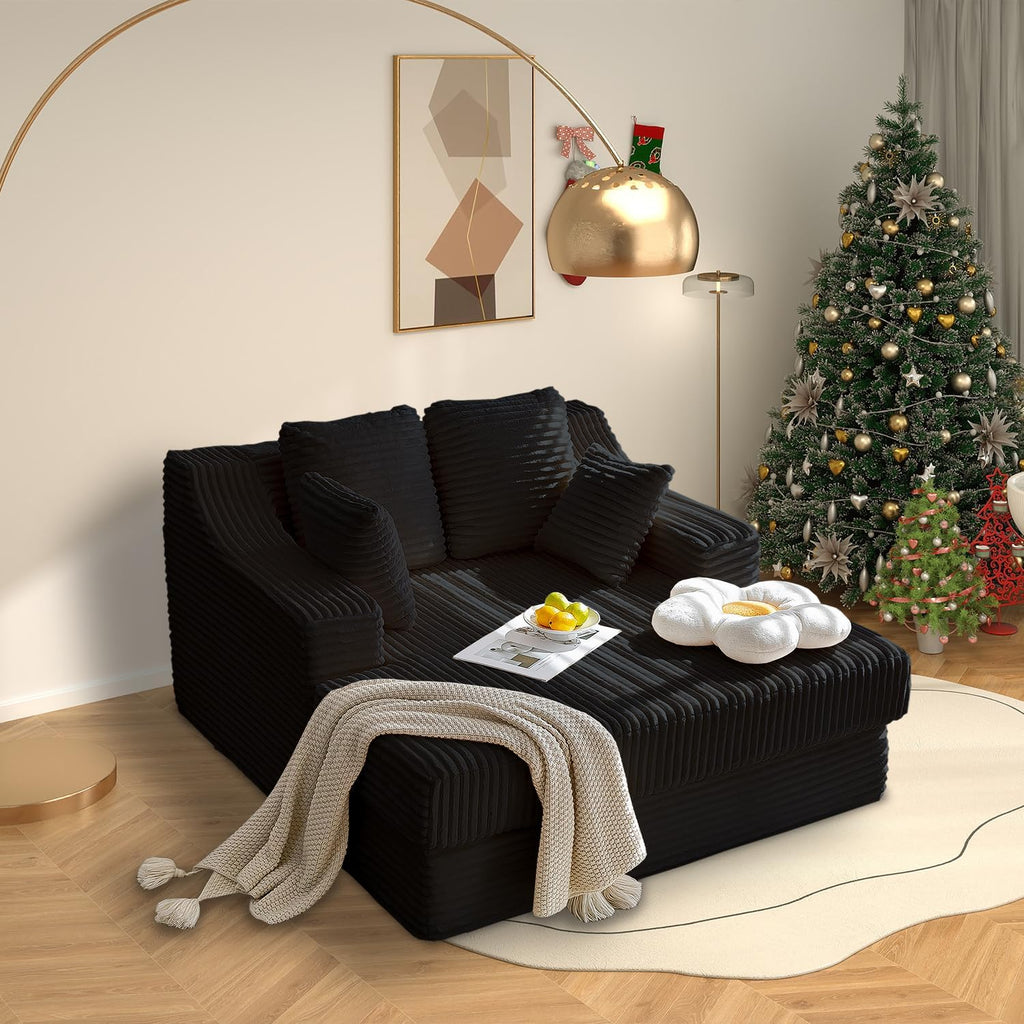 55 Inch Chaise Lounge Indoor - Oversized Chaise Lounge with 4 Throw Pillows and Armrets, Upholstered Plush Sofa Bed, Corduroy Lazy Chair Bed, Sleeper Chair for Living Room or Bedroom, Black