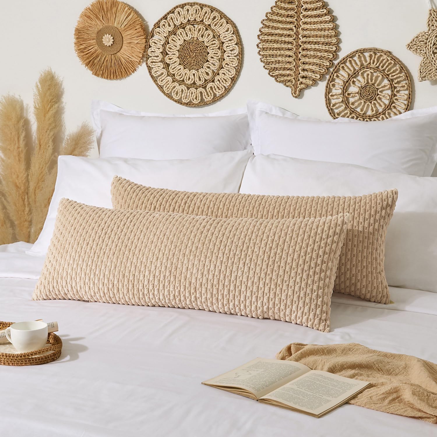 Kevin Textile 20x54 Inch Long Body Lumbar 1 Pack Boho Decorative Throw Pillow Cover Soft Striped Corduroy Rectangle Cushion Case Farmhouse Accent for Living Room Couch Sofa Bed, Light Beige