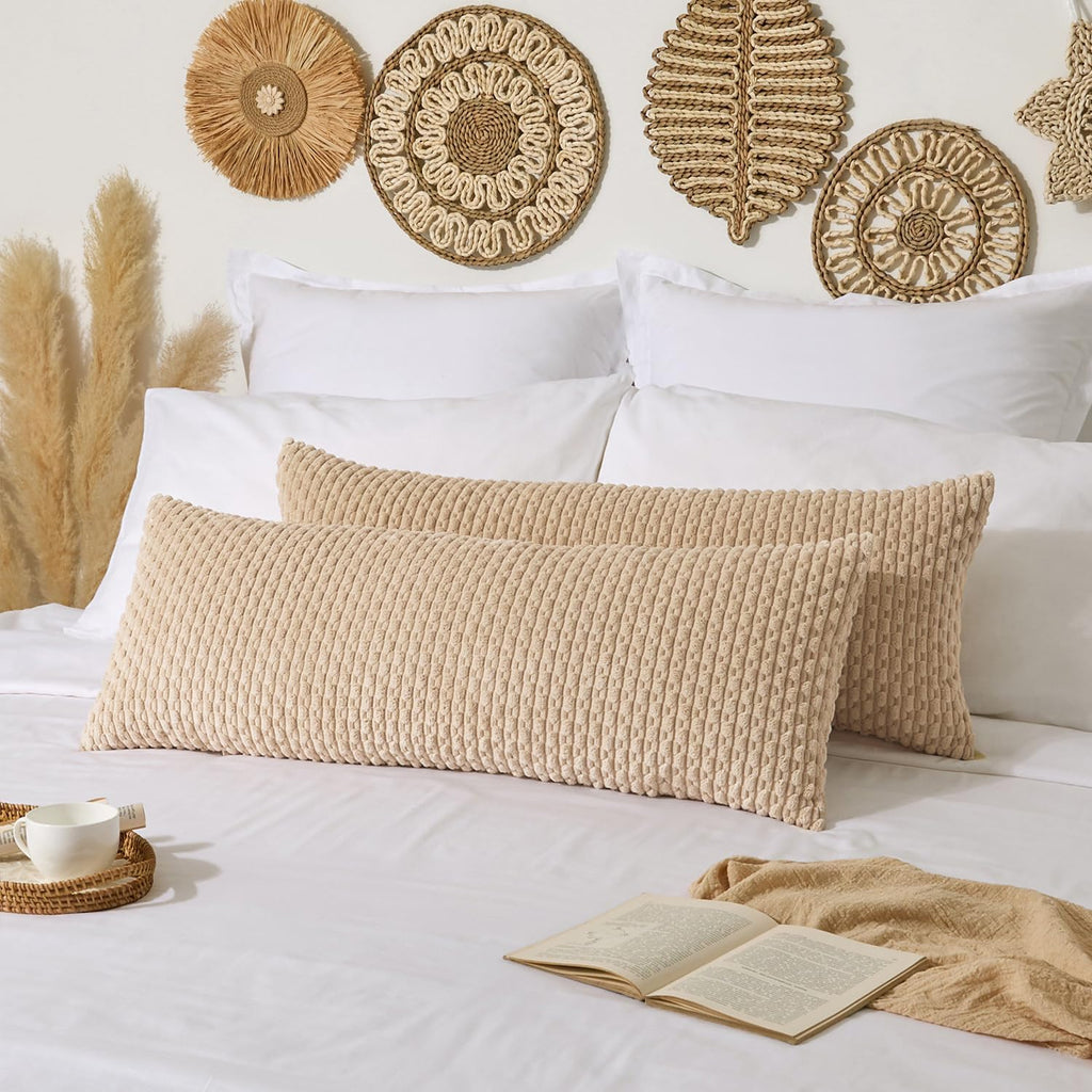 Kevin Textile 14x36 Inch Long Lumbar 1 Pack Boho Decorative Throw Pillow Cover Soft Striped Corduroy Rectangle Cushion Case Farmhouse Solid Color Accent for Living Room Couch Sofa Bed, Beige