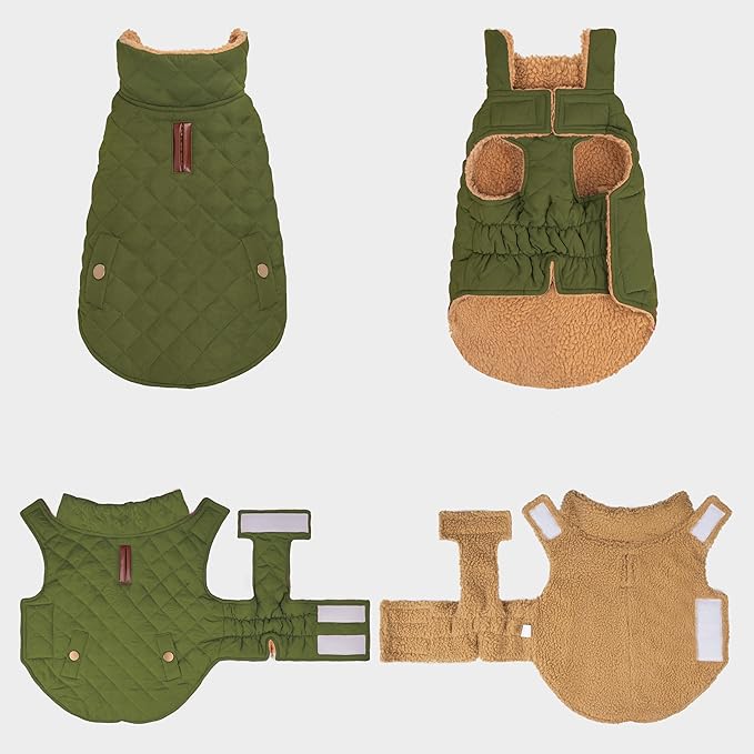 azuza Dog Jacket Waterproof & Windproof Dog Coat for Small Dogs with Thick Fleece, High Collar with Leash Hole, Adjustable Velcro & Elastic Belly, Army Green L