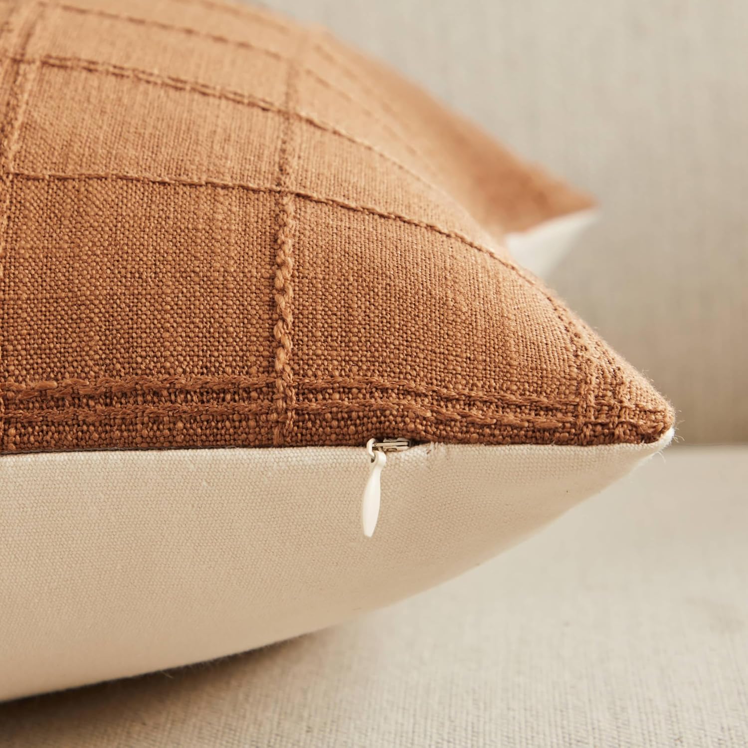 ZeeMart Linen Checked Throw Pillow Covers Set of 2, 20x20 Inch Caramel/Cream, Farmhouse Decorative Single Sided Grid Embroidered Couch Pillow Cases Burnt Orange Cotton Linen Cushion Covers