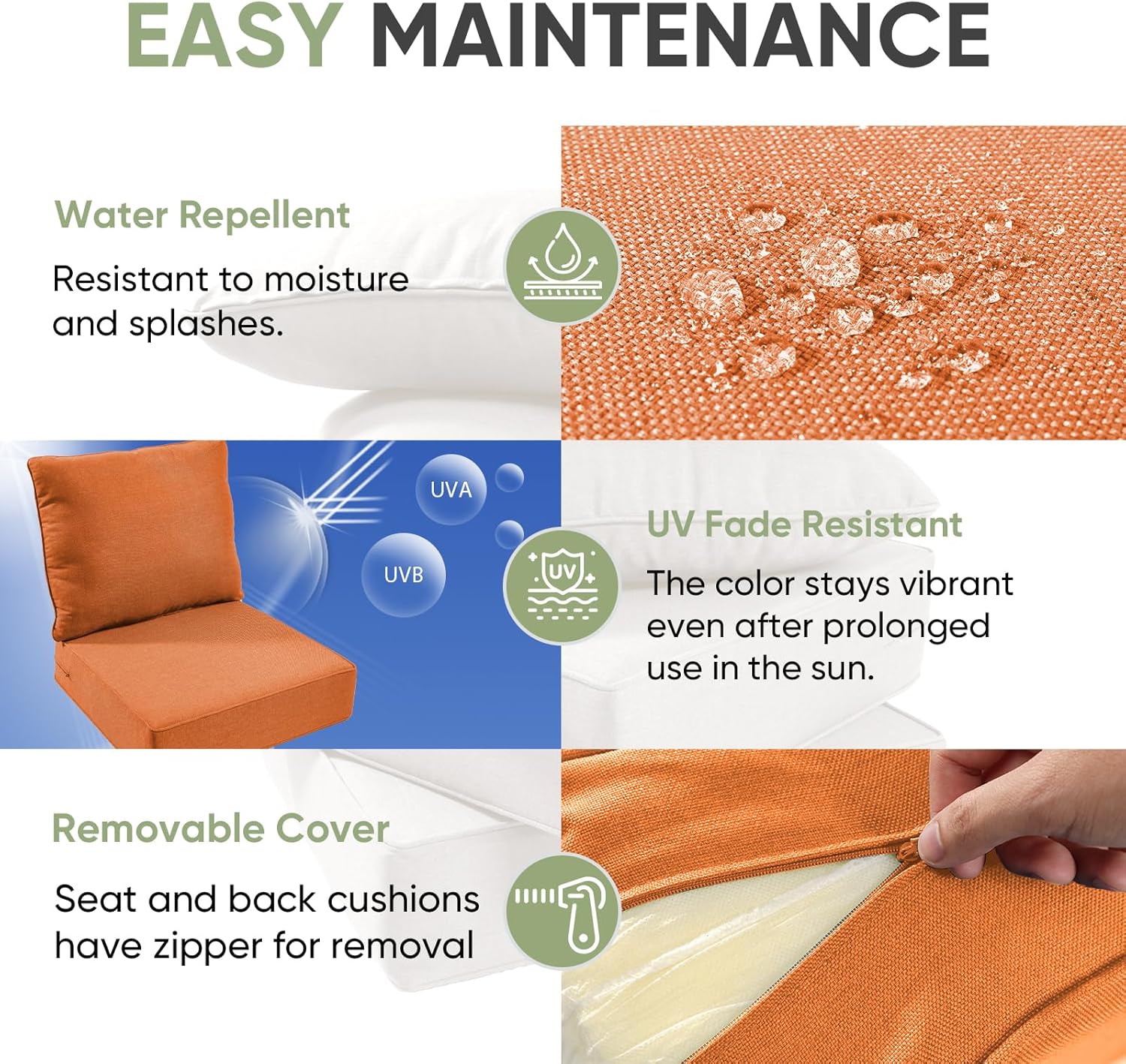 Outdoor Chair Cushions Set of 2, Waterproof 24x24 Patio Chair Cushion, 6" Thickened Seat Cushion for Outdoor Furniture, Couch Cushion Replacement, Include 2 Back & 2 Seat Cushions, Thick/Orange