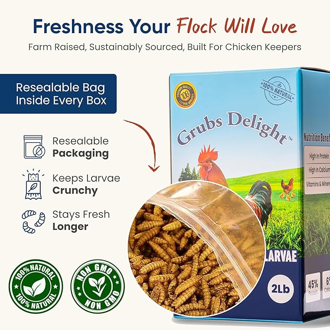 2LB Dried Black Soldier Fly Larvae for Chickens – 85x More Calcium Than Mealworms, for Chickens and Birds, 100% Natural Non-GMO Chicken Worms Treats, High Protein & Calcium Poultry Feed