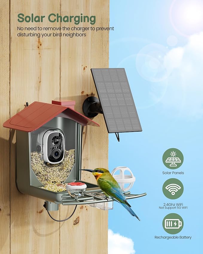 Bird Feeder with Camera Outdoor Solar: Smart Birdfeeder Cam for Outside Garden - 2K HD Live Video Camera AI Recognition Visible Window Auto Capture - Bird Lover Gifts