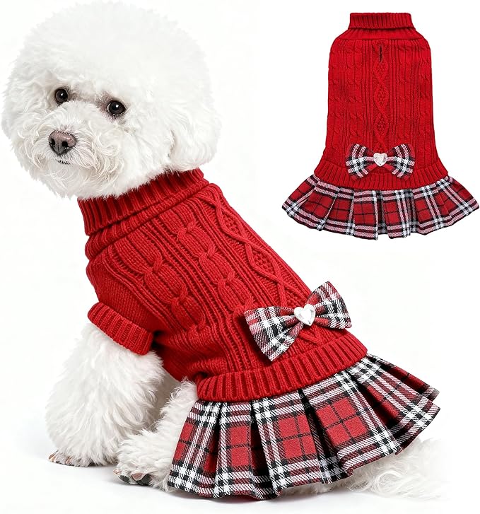 WOYYHO Girl Dog Sweater Dress with Bowtie Turtleneck Small Dogs Sweater with Leash Hole, Knitted Small Dog Sweaters Dress Puppy Winter Clothes for Yorkies Chihuahua (Medium, Red)