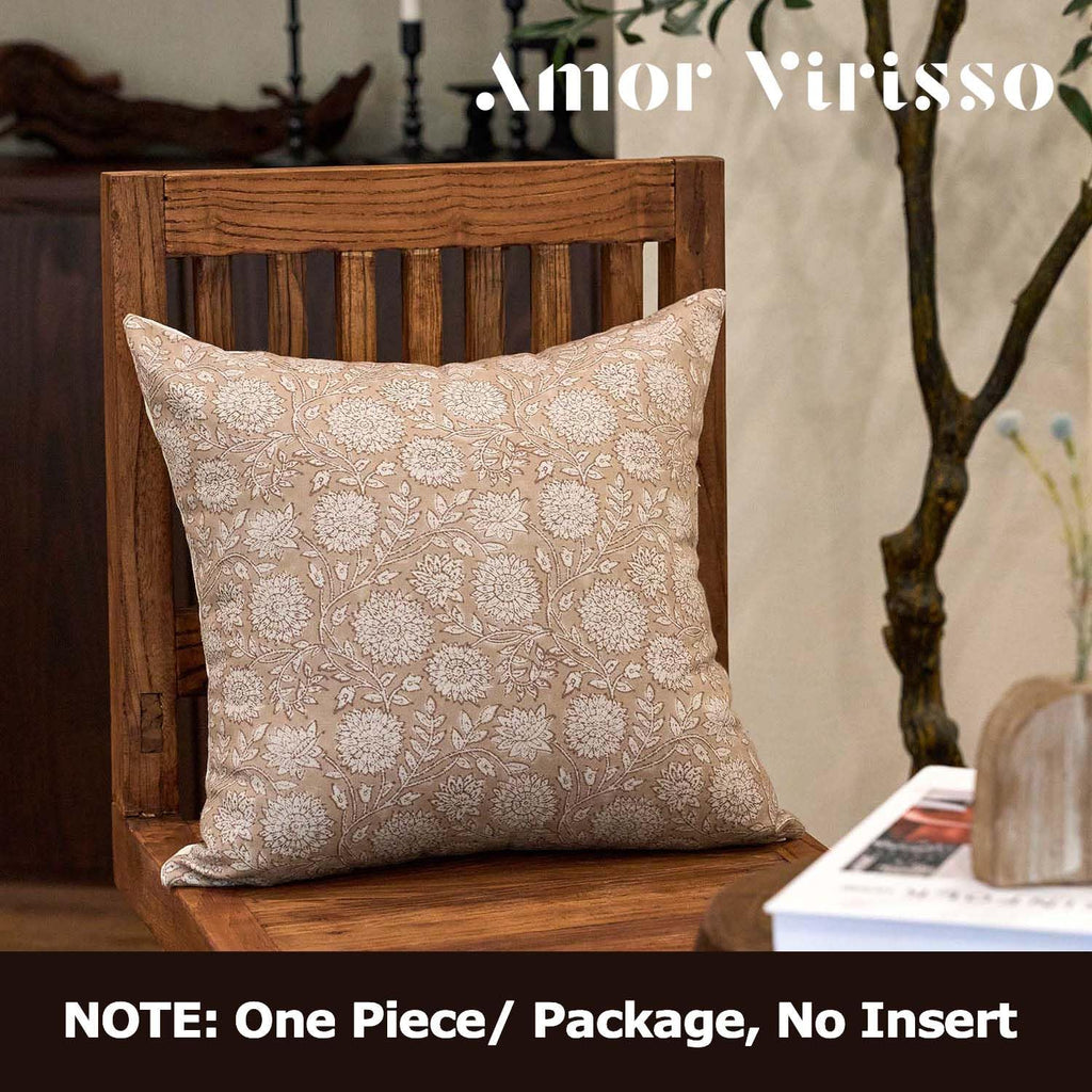 Amor Virisso Floral Pillow Covers 20x20 Throw Pillow Covers Vintage Block Print Pillow Cover Neutral Couch Pillows for Living Room Farmhouse Decorative Accent Sofa Pillows, Light Camel
