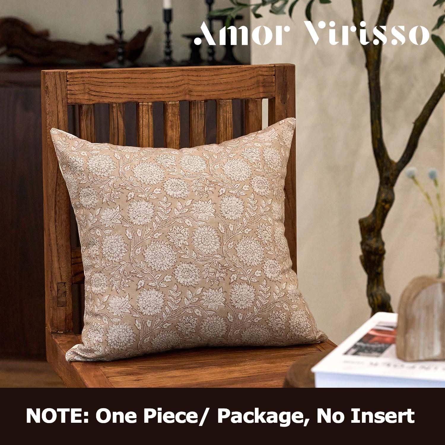 Amor Virisso Floral Pillow Covers 20x20 Throw Pillow Covers Vintage Block Print Pillow Cover Neutral Couch Pillows for Living Room Farmhouse Decorative Accent Sofa Pillows, Light Camel