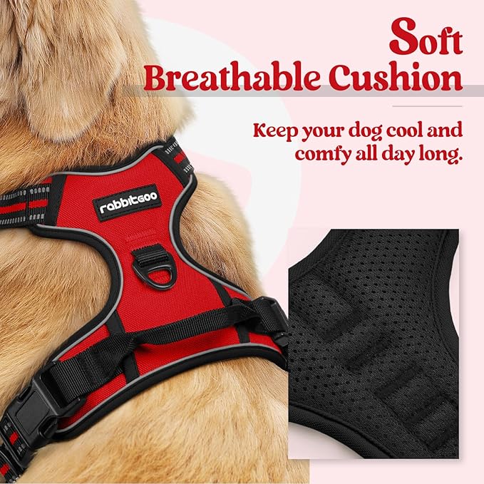 rabbitgoo Dog Harness, No-Pull Pet Harness with 2 Leash Clips, Adjustable Soft Padded Dog Vest, Reflective No-Choke Pet Oxford Vest with Easy Control Handle for Large Dogs, Red, L