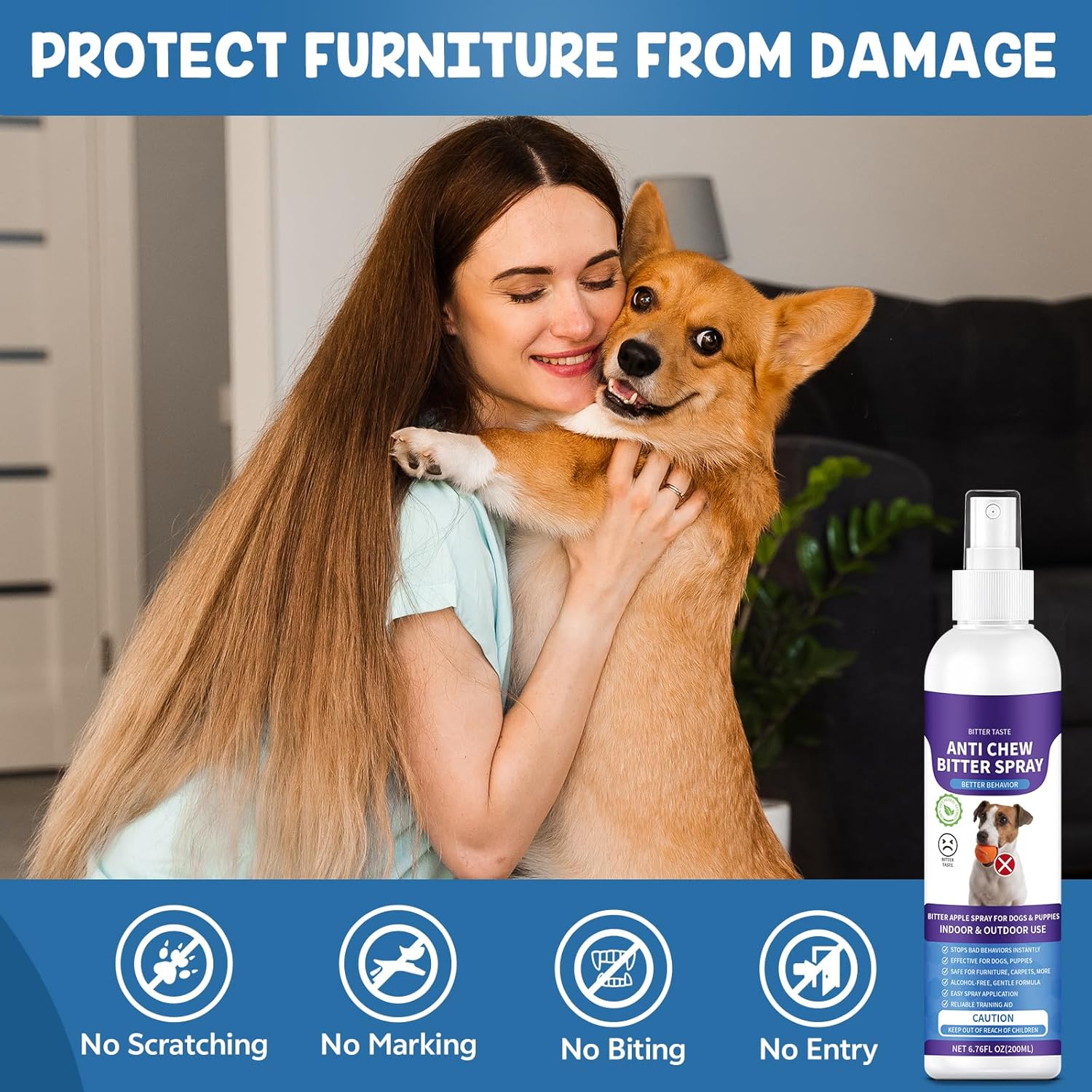 No Chew Spray for Dogs, 200ML Bitter Apple Spray for Dogs to Stop Chewing and Prevents Wound Licking, Protects Furniture, Shoes, Bandages, Alcohol-Free & Non-Toxic, Safe for Indoor & Outdoor Training