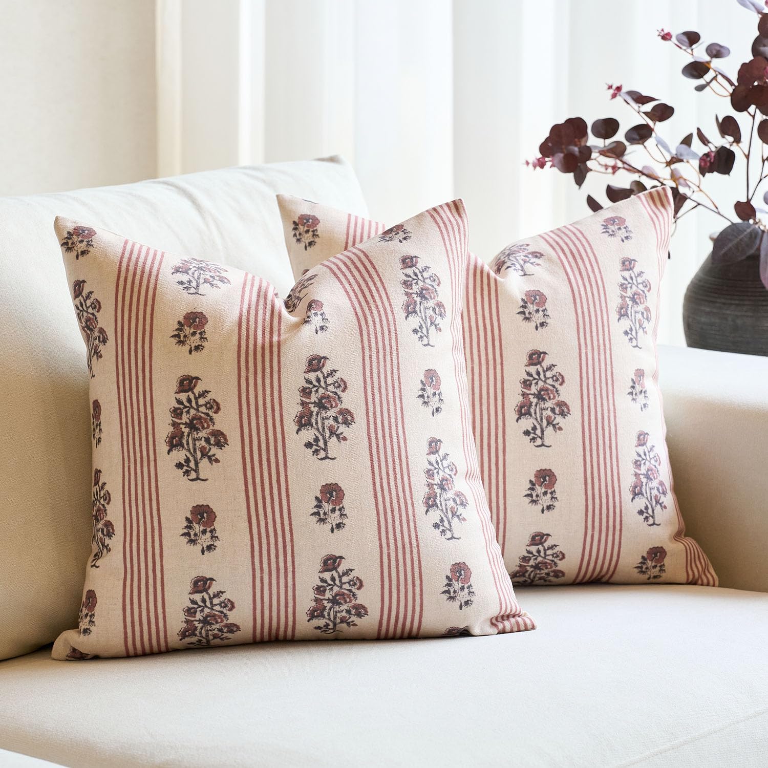 Amor Virisso Floral Throw Pillow Covers 24x24 Set of 2 Block Print Pillow Covers Neutral Floral Striped Farmhouse Decorative Pillow Covers for Sofa Couch Bed, Red