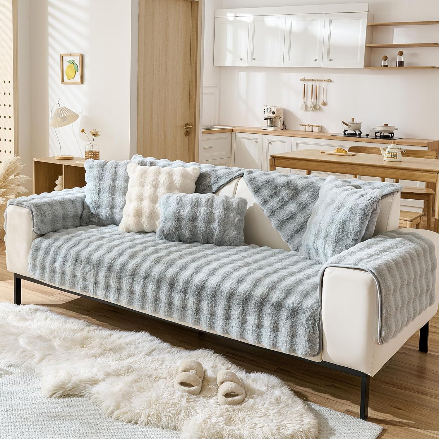 Faux Fur Armrest Cover Backrest Cover Fuzzy Plush Thick Bubble Sofa Cover Luxury Soft Cozy Couch Cover Anti-Slip Sofa Slipcover Washable Furniture Protector (Light Grey,28"x28")