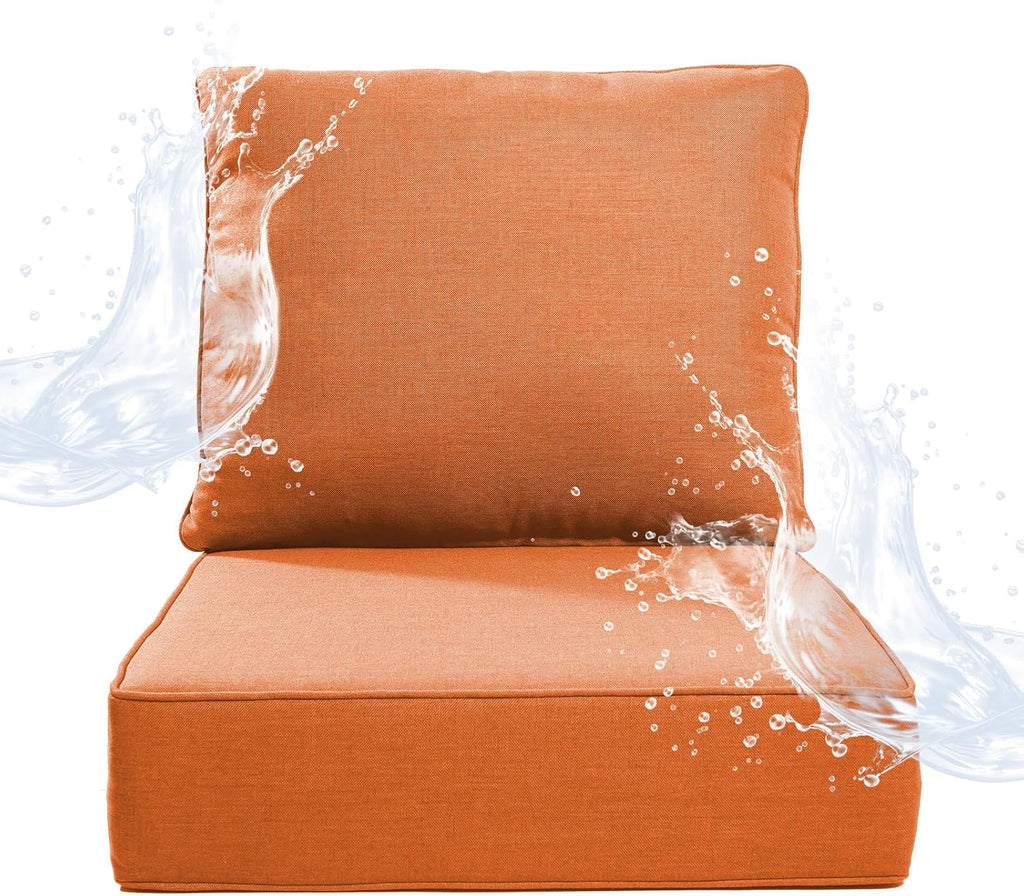 6 inches Thicker Outdoor Chair Cushions Set- 24" *24" *6" Waterproof Patio Furniture Cushions with Removable Cover, 28D High Density Sponge Filling Thicken Outdoor Patio Cushions - Orange
