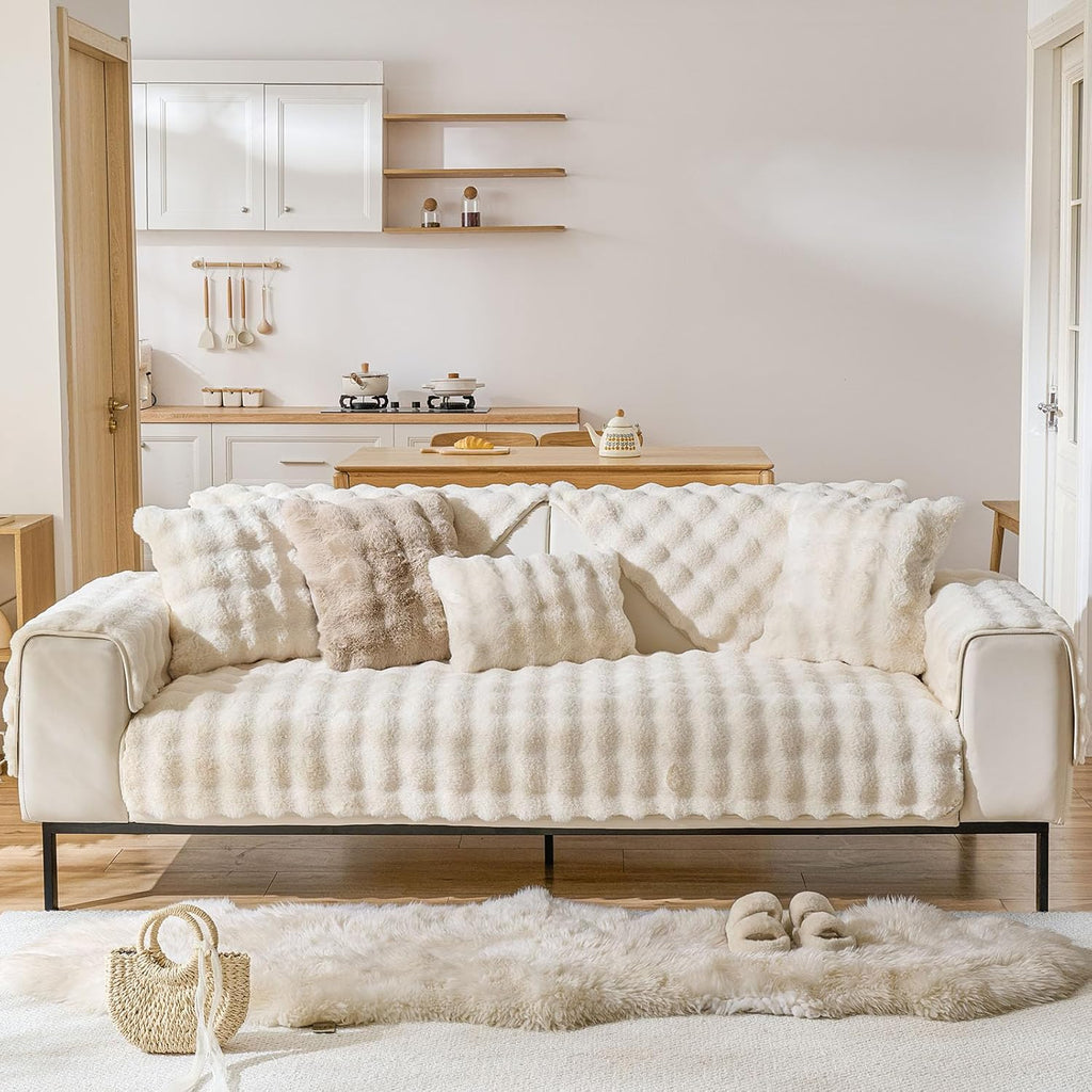 Faux Fur Decorative Throw Pillow Cover Plush Thick Bubble Pillow Covers Luxury Soft Cozy Accent Pillowcase for Spring Sofa Living Room Couch Bed (Ivory,18"x18")