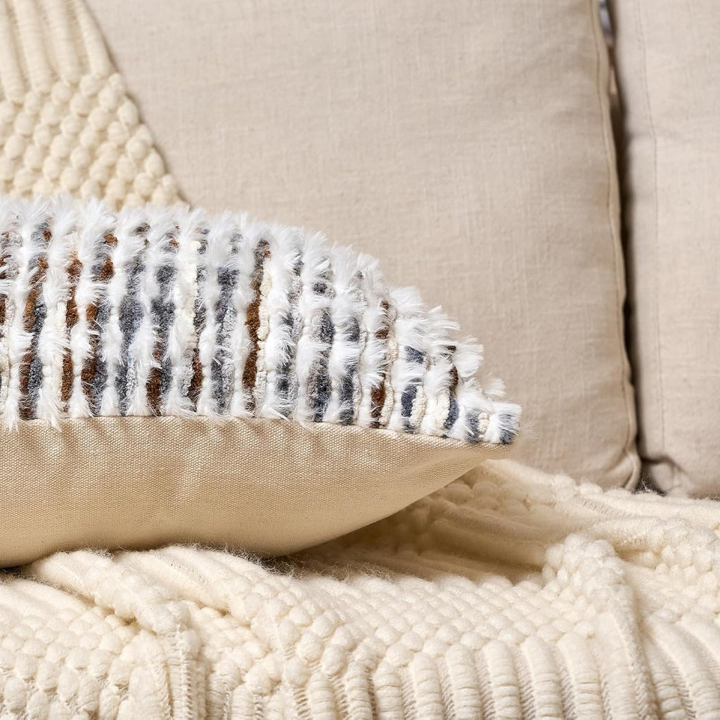 Aeckself Boho Chenille Tufted Pillow Cover 20 x 20 Inch, Decorative Square Throw Pillow Cover Neutral Pillowcase for Couch Bedroom Living Room, Brown White