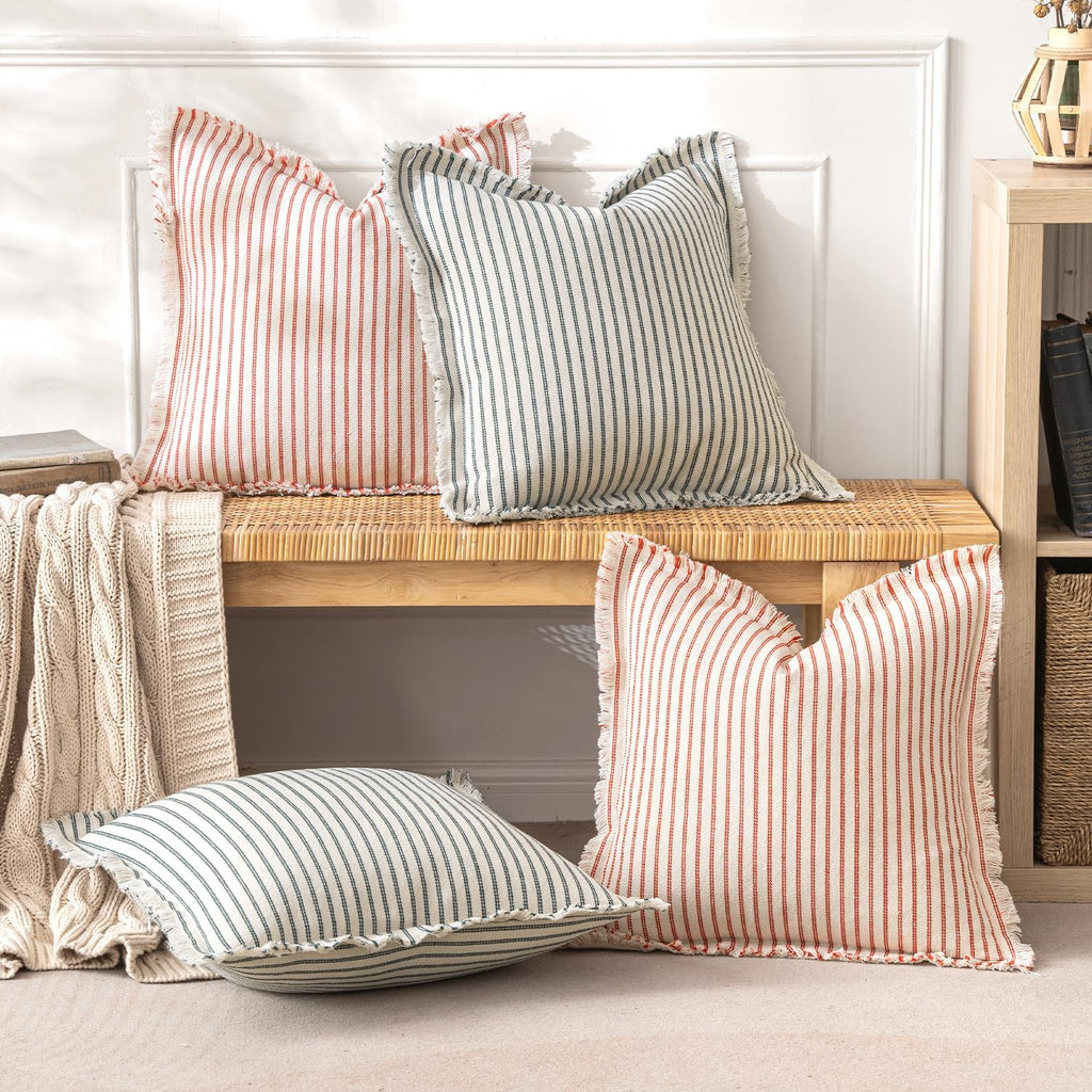 MIULEE Pack of 2 Christmas Red Pillow Covers 20x20 Inch Striped Farmhouse Couch Throw Pillow Covers with Fringe Chic Linen Decorative Cushion Covers for Sofa Living Room Bed Outdoor Home Decor