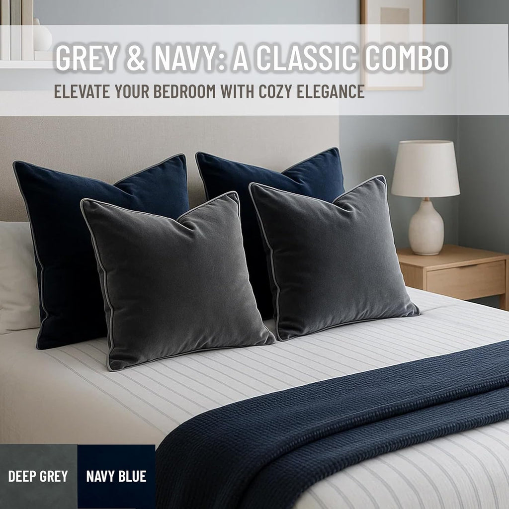 2 Pack Velvet Decorative Throw Pillow Covers, 12"x20", Deep Grey, Solid, Modern, Contrast Piping, Indoor Use, Bedroom & Living Room