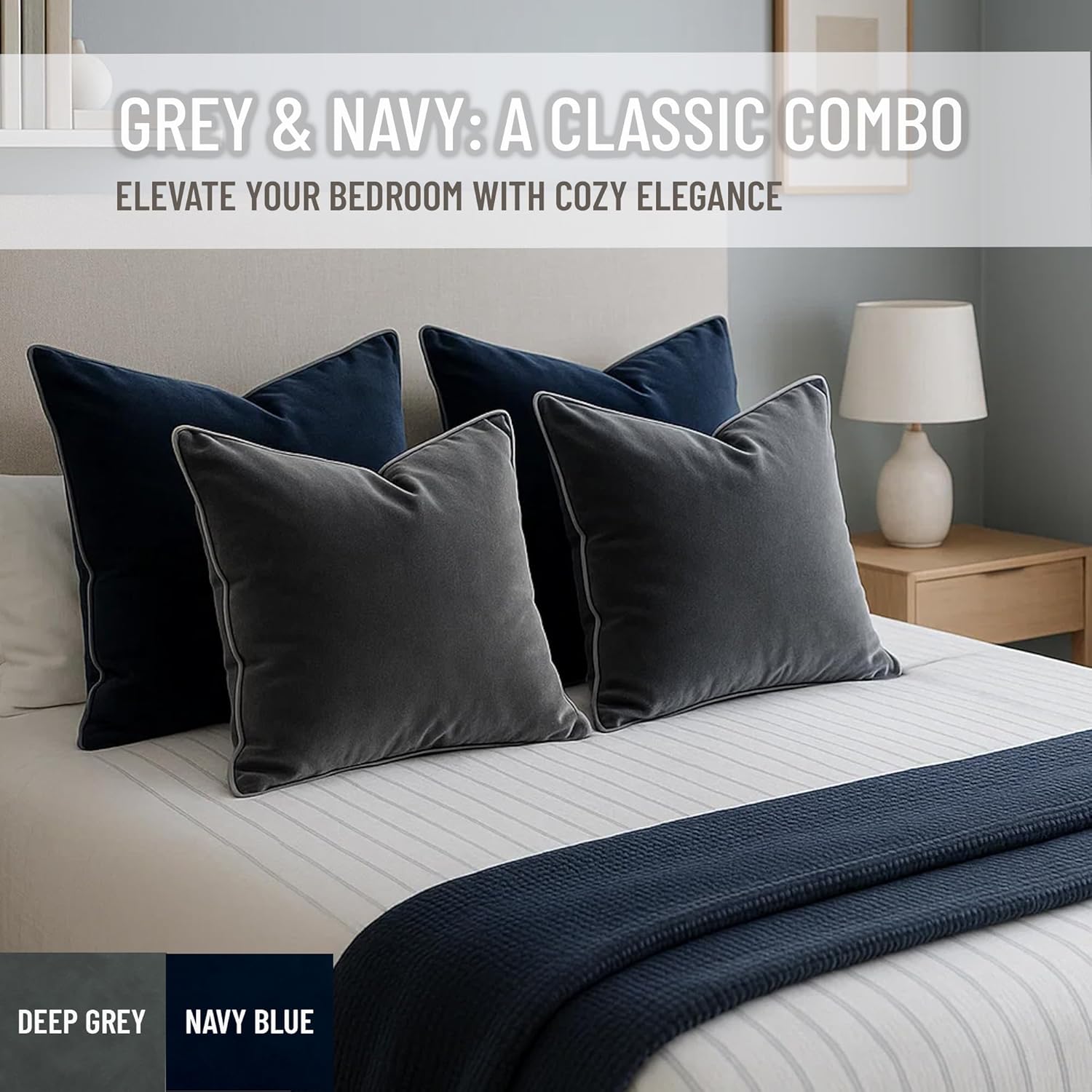 2 Pack Velvet Decorative Throw Pillow Covers, 12"x20", Deep Grey, Solid, Modern, Contrast Piping, Indoor Use, Bedroom & Living Room