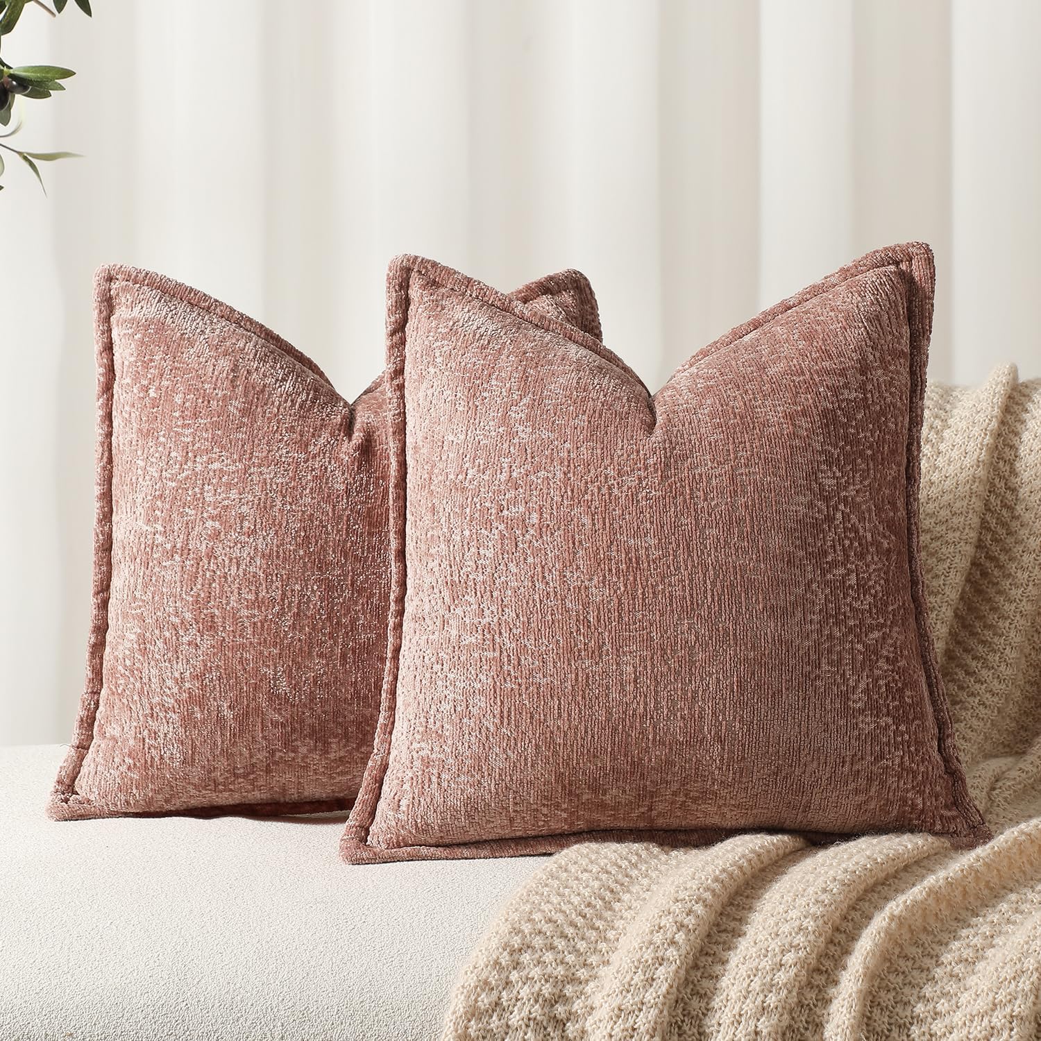 Pack of 2 Dusty Pink Decorative Throw Pillow Covers 24x24 Cozy Soft Chenille Accent Vintage Square Couch Pillow Covers for Home Decor Bed Sofa Living Room