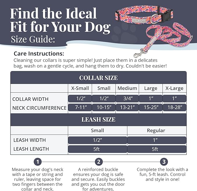 Lucky Love Dog - Easy Click Buckle Dog Collar with Leash Set Combo, Durable & Comfortable for Male & Female Dogs, Pet Collar for Small to Large Dogs, Secure Fit - Floral Rosie Combo, Large