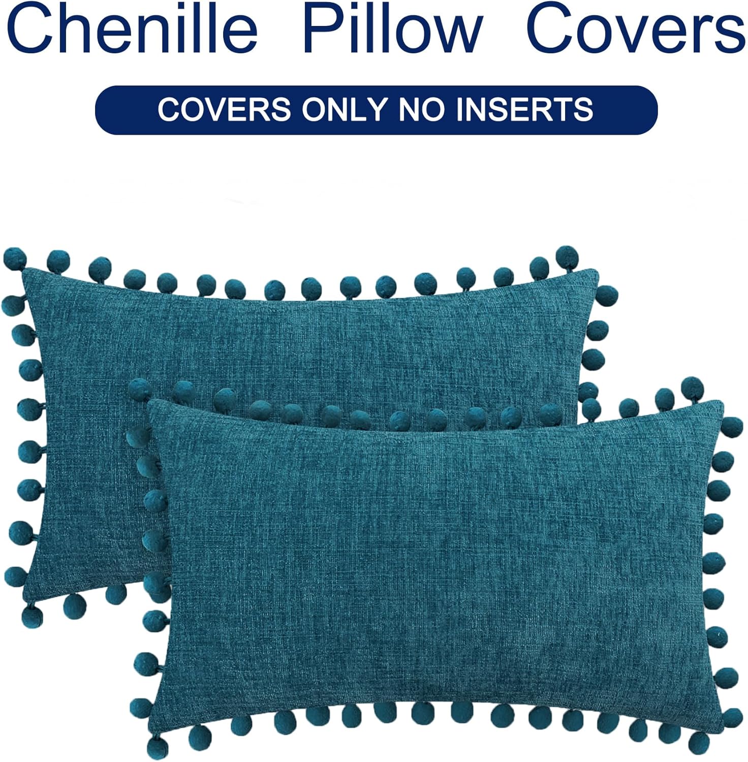 CaliTime Throw Pillow Covers Decorative 20 X 12 Inches Pack of 2 Cozy Solid Dyed Soft Chenille Cushion Cases with Pom Poms for Couch Sofa Bed Living Room Home Ocean Blue