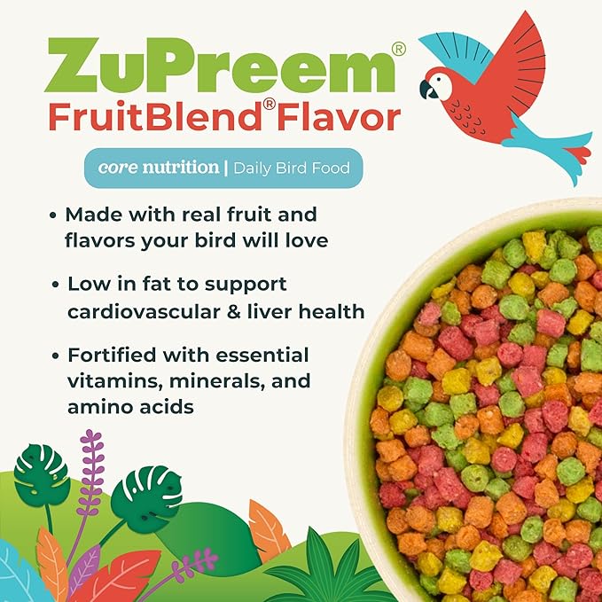 ZuPreem FruitBlend Bird Food, Bird Feed Pellets for Parakeets, Budgies, Parrotlets & Doves, ZuPreem Core Nutrition with Natural Fruit, Parakeet Food, Budgie Feed, Made in USA, (Small, 10 lb Bag)