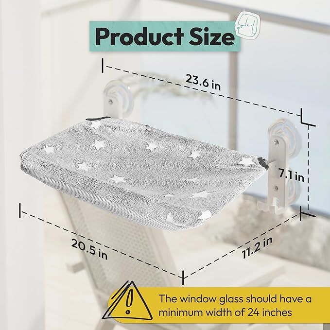 Cordless Cat Window Perch for Large Cats, Glow in The Dark Fabric Cat Hammock for Window with 4 Strong Suction Cups, Easy to Assemble, Foldable Window Seat for Cats Inside, Gray L