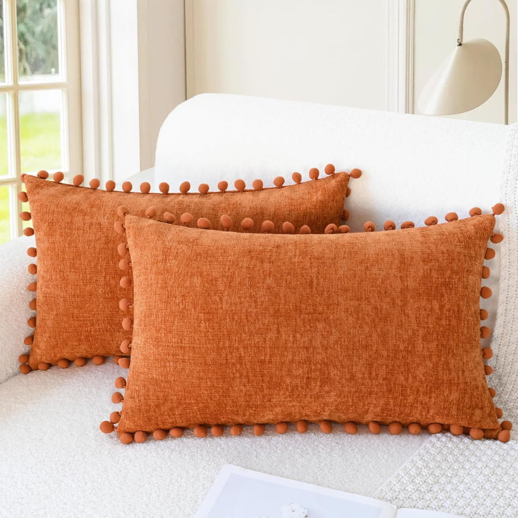 CaliTime Fall Throw Pillow Covers Decorative 20 X 12 Inches Pack of 2 Cozy Solid Dyed Soft Chenille Cushion Cases with Pom Poms for Couch Sofa Bed Living Room Home Burnt Orange