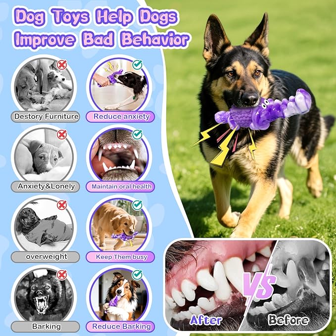 Squeaky Dog Chew Toys for Aggressive Chewers - Tough Crocodile Chew Toy for Small Medium Large Dogs, Dental Cleaning & Anxiety Relief, Boredom Buster (Purple)