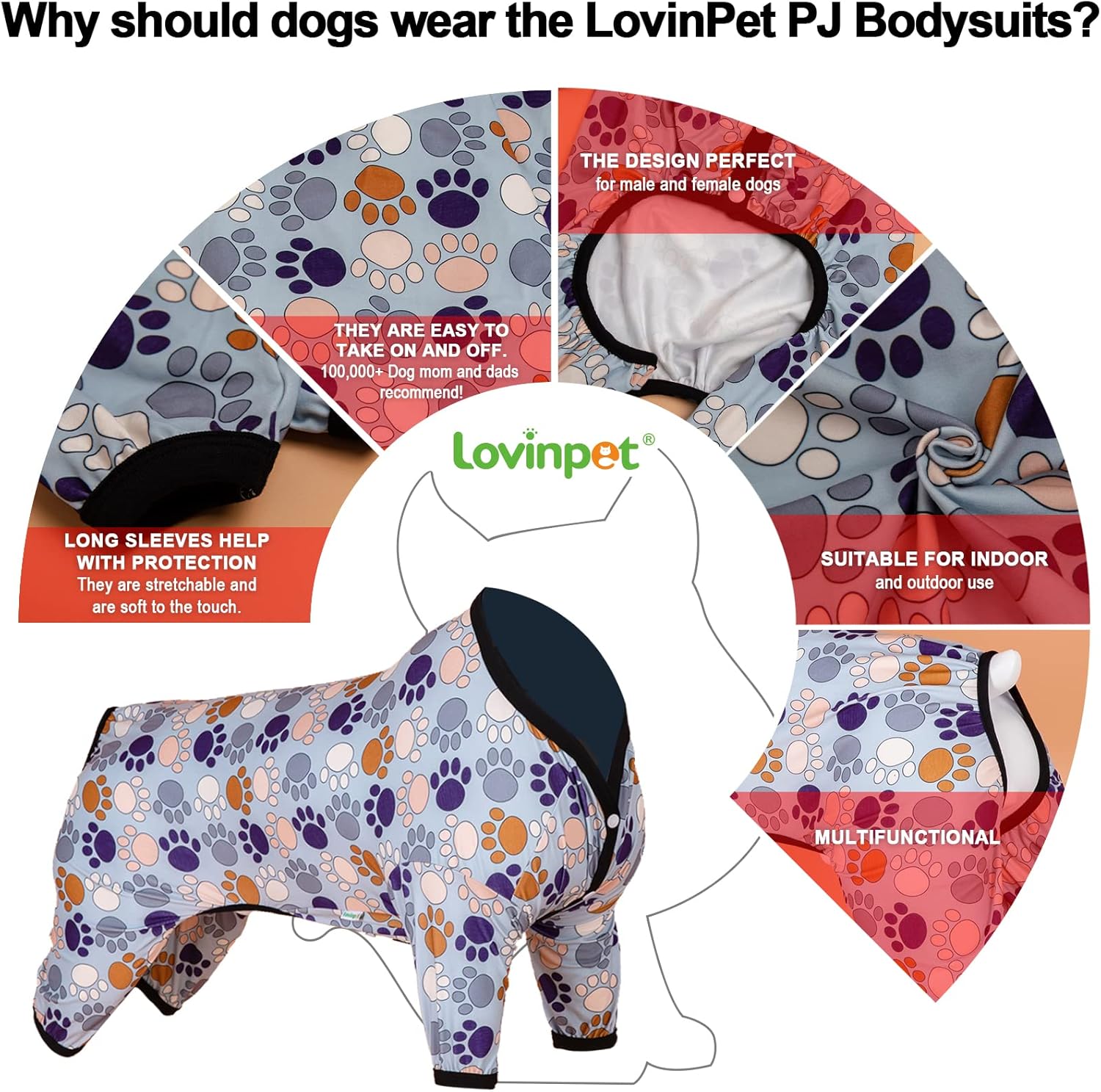 LovinPet Large Breeds Dog Onesies - Dog Pajamas, Lightweight Stretchy Fabric, Dog Long Sleeve Shirt, Paw-Some Steel Gray Print, Dog Jumpsuit, UV Protection, Pet PJ's/Medium