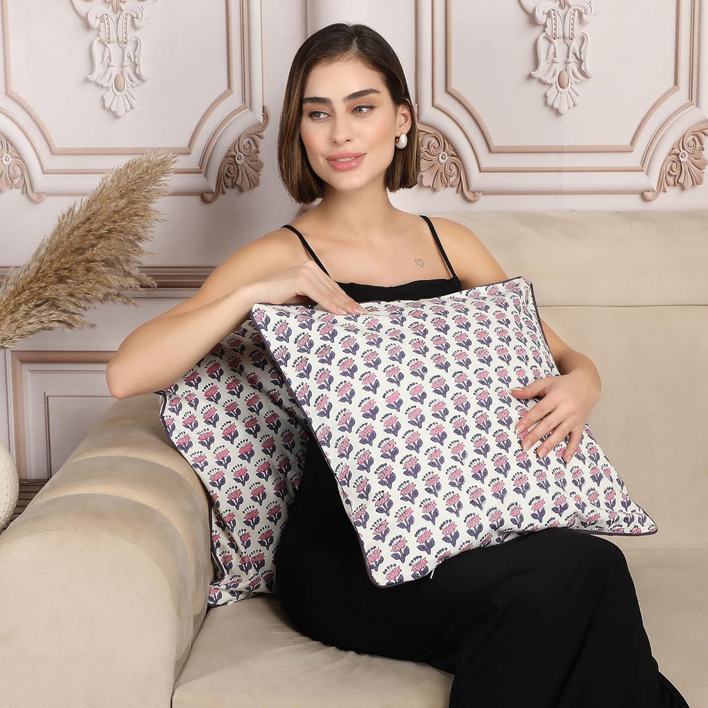 SheetKart Pure Cotton Throw Pillow Covers - Set of 2 - Hand Block Pure Cotton Printed Boho Decorative Pillow Covers - Cushion Covers for Living Room, Bohemian Theme, 16 x 16 Inches, Lavender Whisper