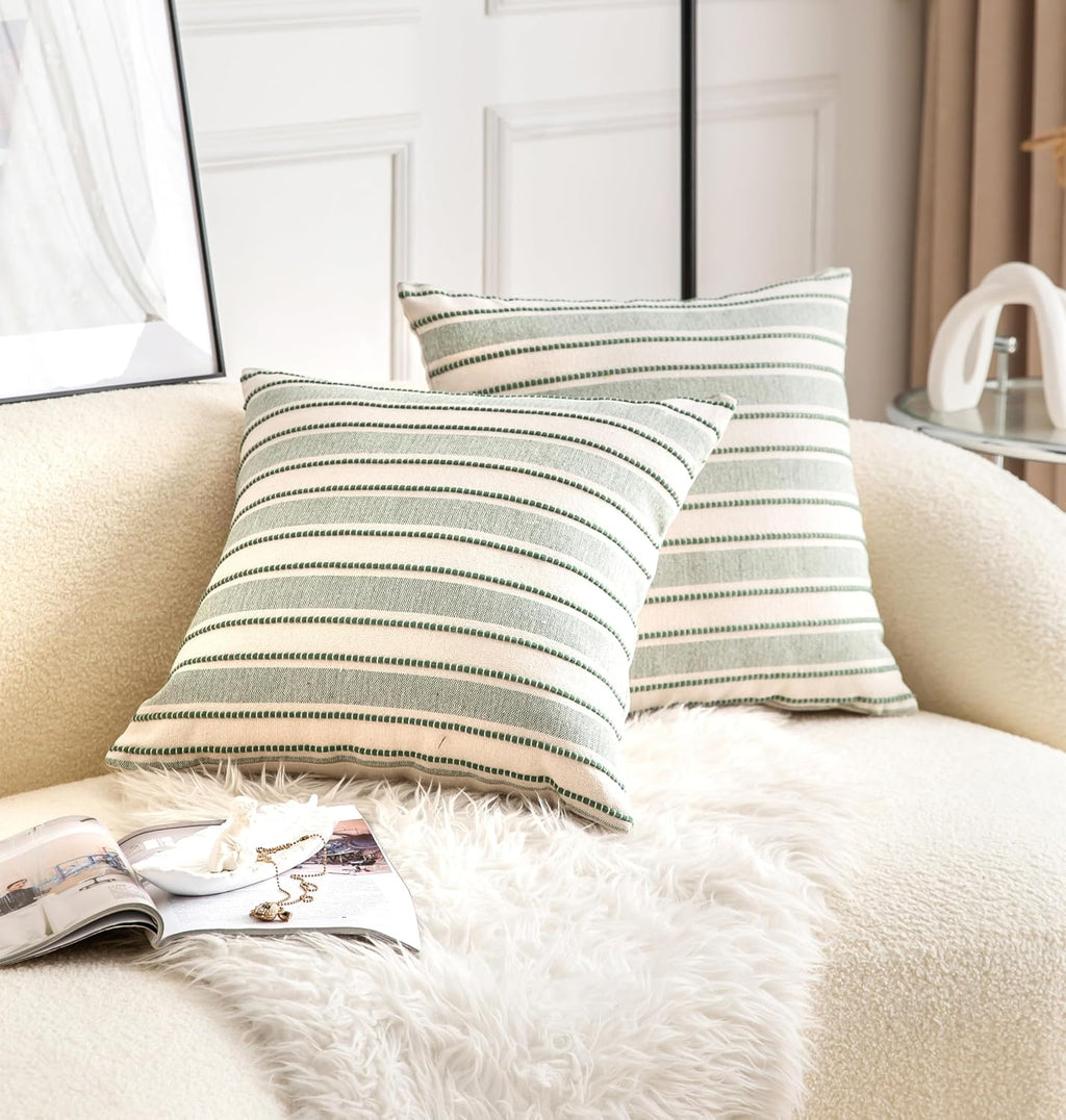 Decorative Boho Throw Pillow Covers, Farmhouse Textured Pillow Case, 18 x 18 Inch Set of 2, Chair Sofa Bedroom Living Room Home Decor Couch Cushion Case, Green and Beige Striped