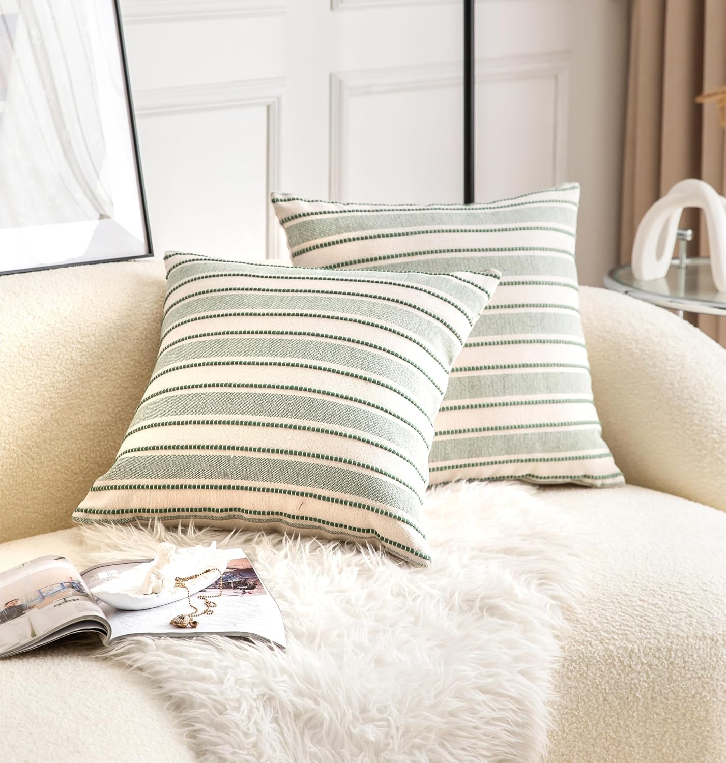 Decorative Boho Throw Pillow Covers, Farmhouse Textured Pillow Case, 18 x 18 Inch Set of 2, Chair Sofa Bedroom Living Room Home Decor Couch Cushion Case, Green and Beige Striped