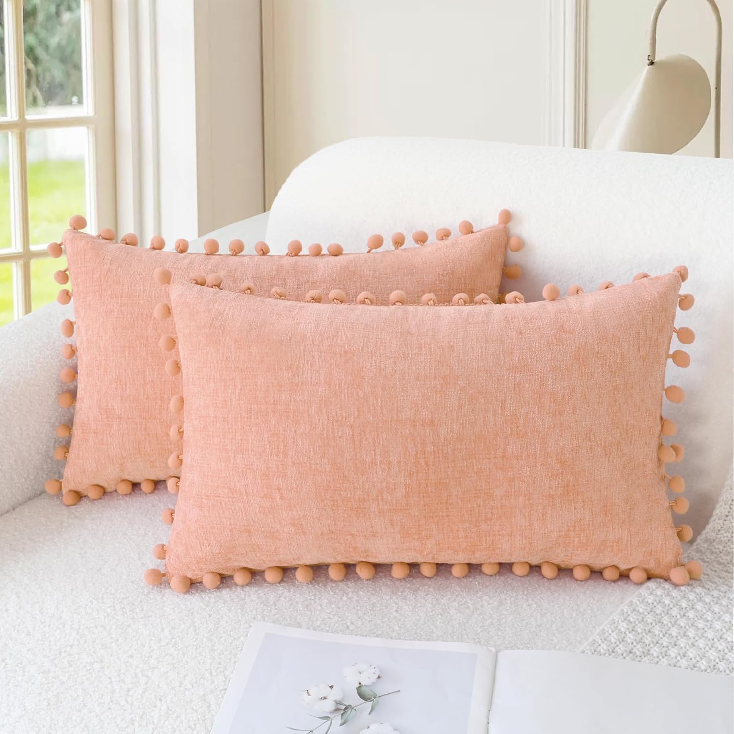 CaliTime Throw Pillow Covers Decorative 20 X 12 Inches Pack of 2 Cozy Solid Dyed Soft Chenille Cushion Cases with Pom Poms for Couch Sofa Bed Living Room Home Dusty Pink