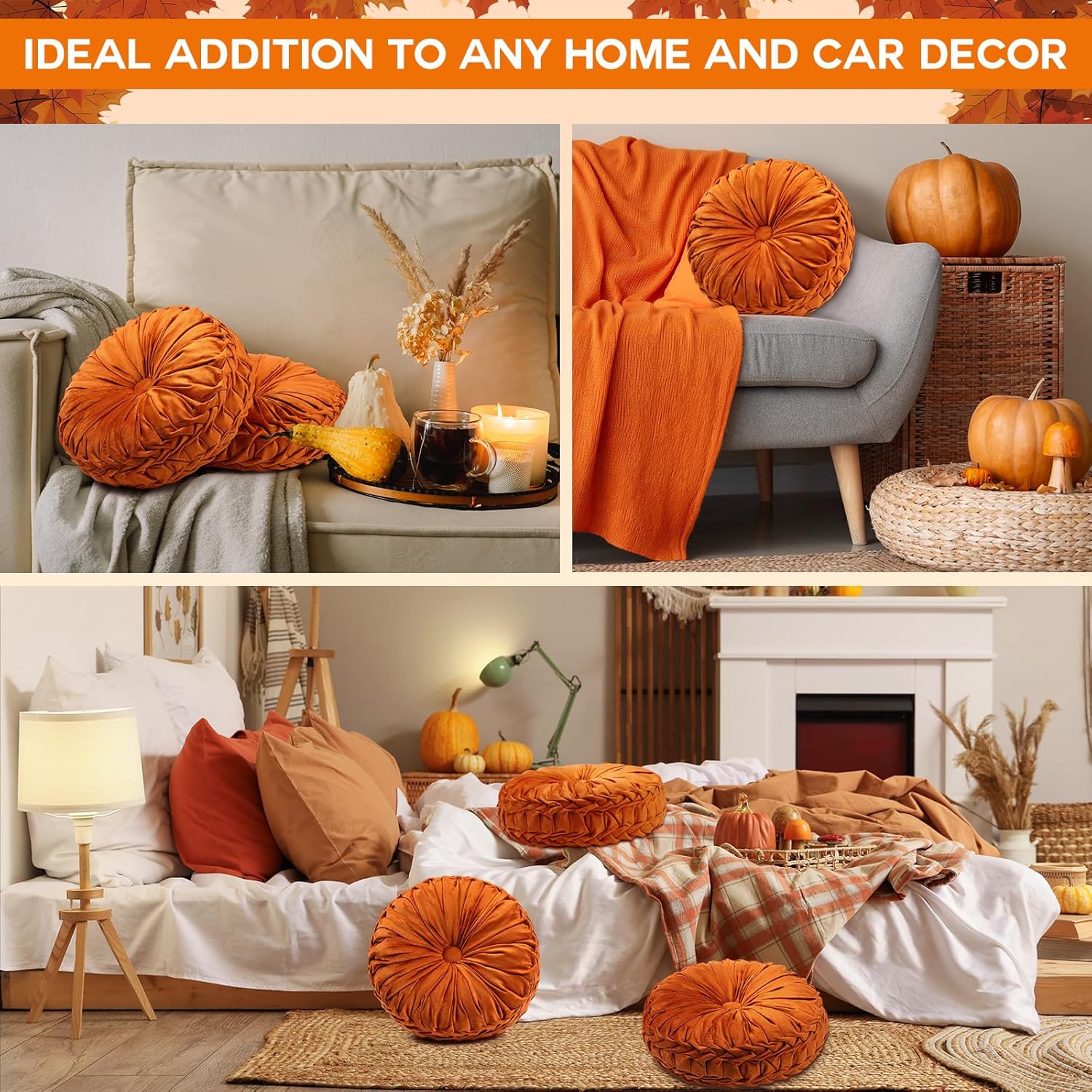 2 Pcs Round Throw Pillows 15 Inch Decorative Velvet Pleated Pumpkin Floor Boho Pillows for Living Room Couch Chair Bed Sofa (Orange)