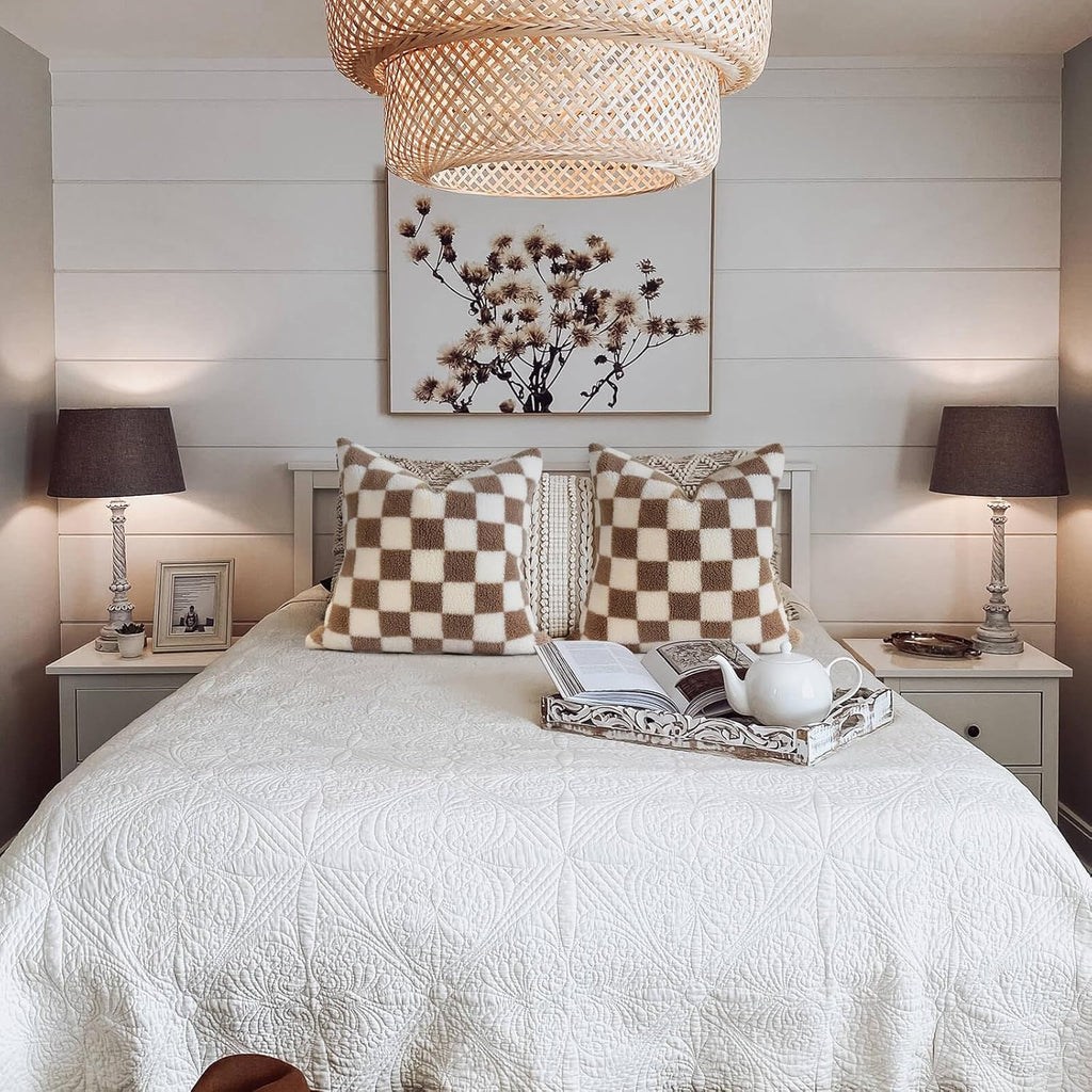 AmHoo Pack of 2 Decorative Throw Pillow Covers Checkerboard Luxury Super Soft Faux Fur Wool Set Case Cushion for Couch Sofa Bedroom 26 x 26-Inch Camel