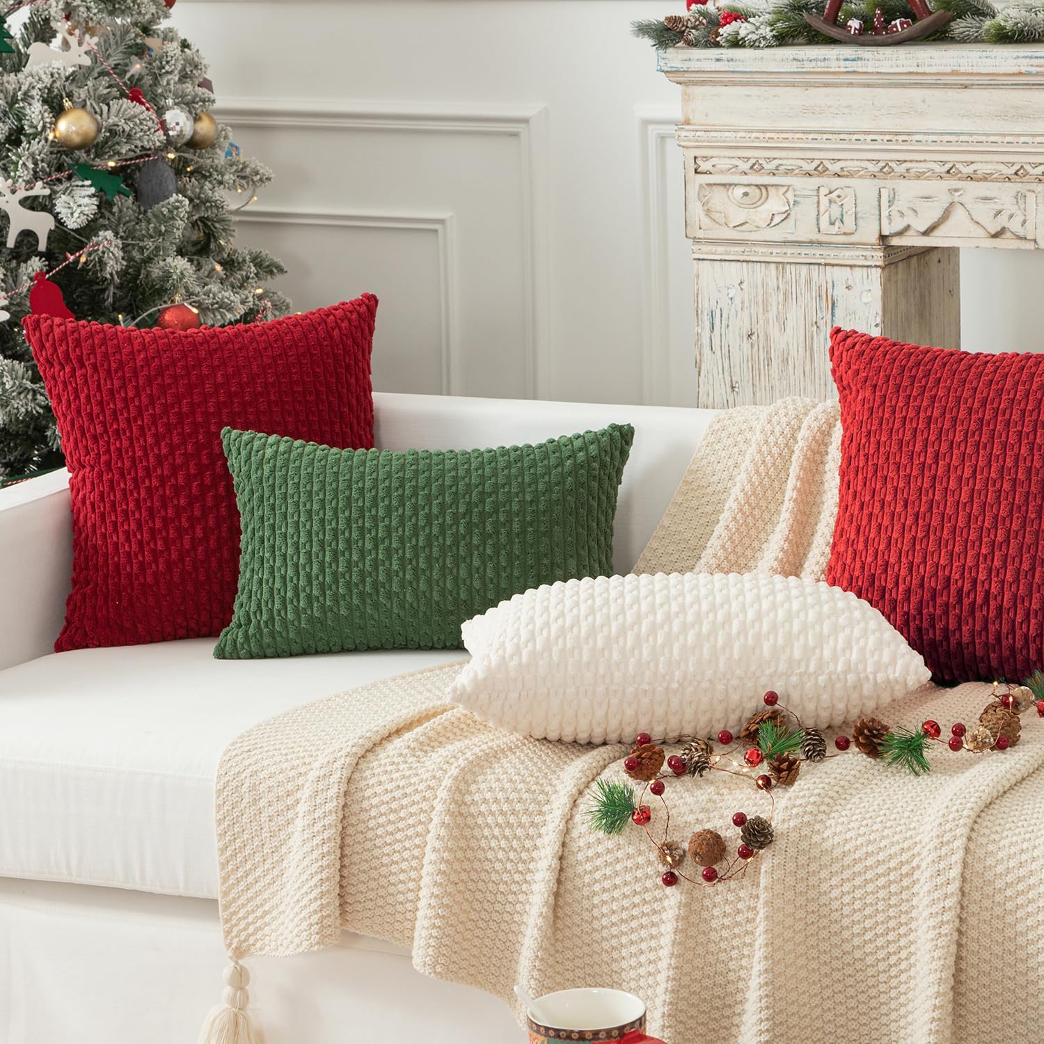 Kevin Textile 12x20 Inch Pillow Cover 1 Pack Boho Christmas Decorative Soft Striped Corduroy Lumbar Farmhouse Color Accent Rectangle Cushion Case for Living Room Couch Sofa Bed, Red