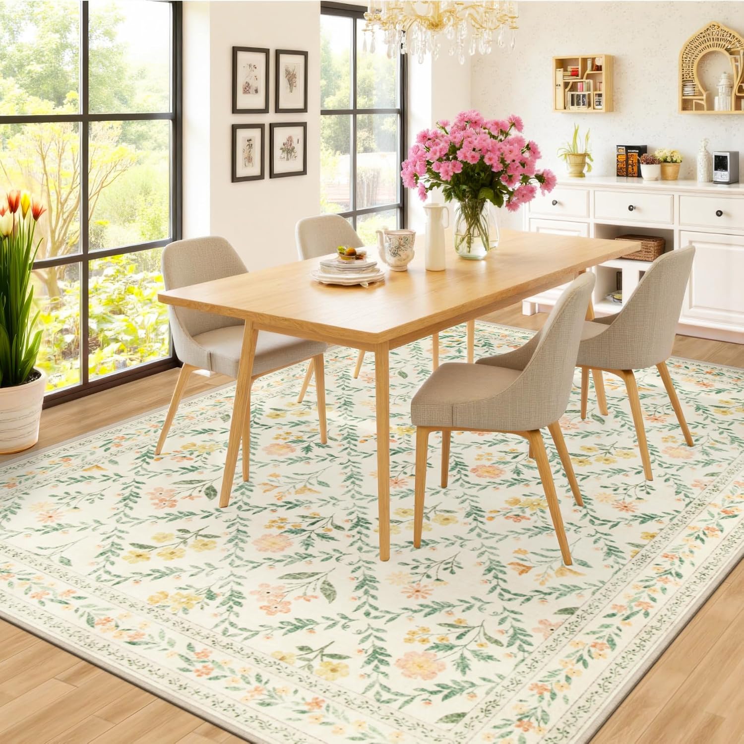 6x9 Area Rugs for Living Room: Floral Washable Rug Vintage Large Soft Boho Non-Slip Carpet Indoor Stain Resistant Thin Carpets for Bedroom Dining Room Farmhouse Nursery Hallway Home Office Beige/Multi