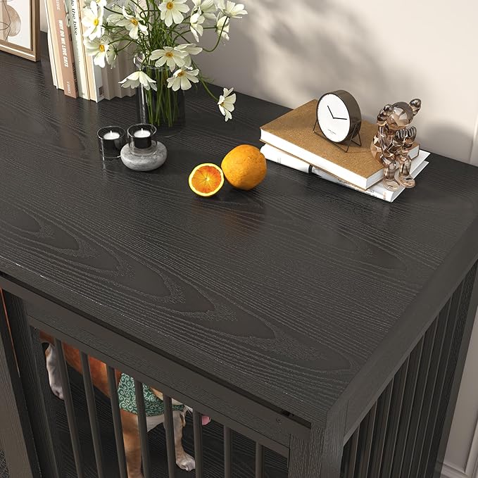 87In Farmhouse Dog Crate TV Stand, Wooden Dog Kennel Furniture with Sliding Metal Mesh Barn Door, Large Dog Crate Furniture for 2 Dogs, Solid Metal Tube & 2 Lockable Doors, Black