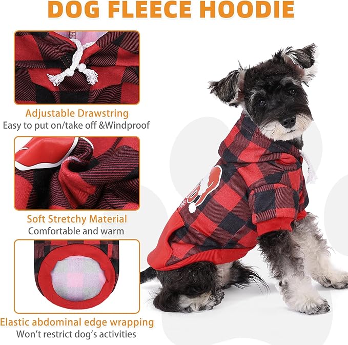 KOOLTAIL Christmas Dog Hoodie, Red Plaid Pet Sweater, Hat Hooded Sweatshirt Dog Clothes for Small Medium Large Dogs Boys Girls, Soft Warm Winter Cold Weather Coat with Leash Hole&Pocket, Santa, XL