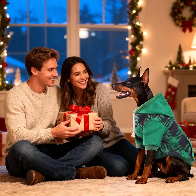 Dog Basic Hoodie Ultra-Soft Plaid Dog Clothes Cold Weather Sweaters for Medium Large Dogs Breathable Cozy Fabric Pet Coat Warm Stylish Sweatshirt with Leash Hole Pocket Dogs Jacket for Cats Boys Girls