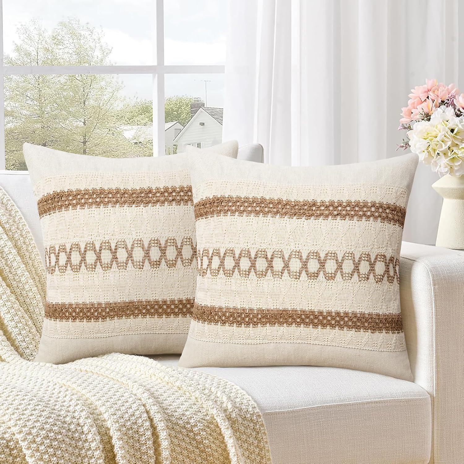 Pyonic Pack of 2 Boho Throw Pillow Covers 18x18 Inch Farmhouse Decorative Throw Pillows for Bed Sofa Living Room,Gray Modern Cushion Cover Couch Pillows Cover Home Decor