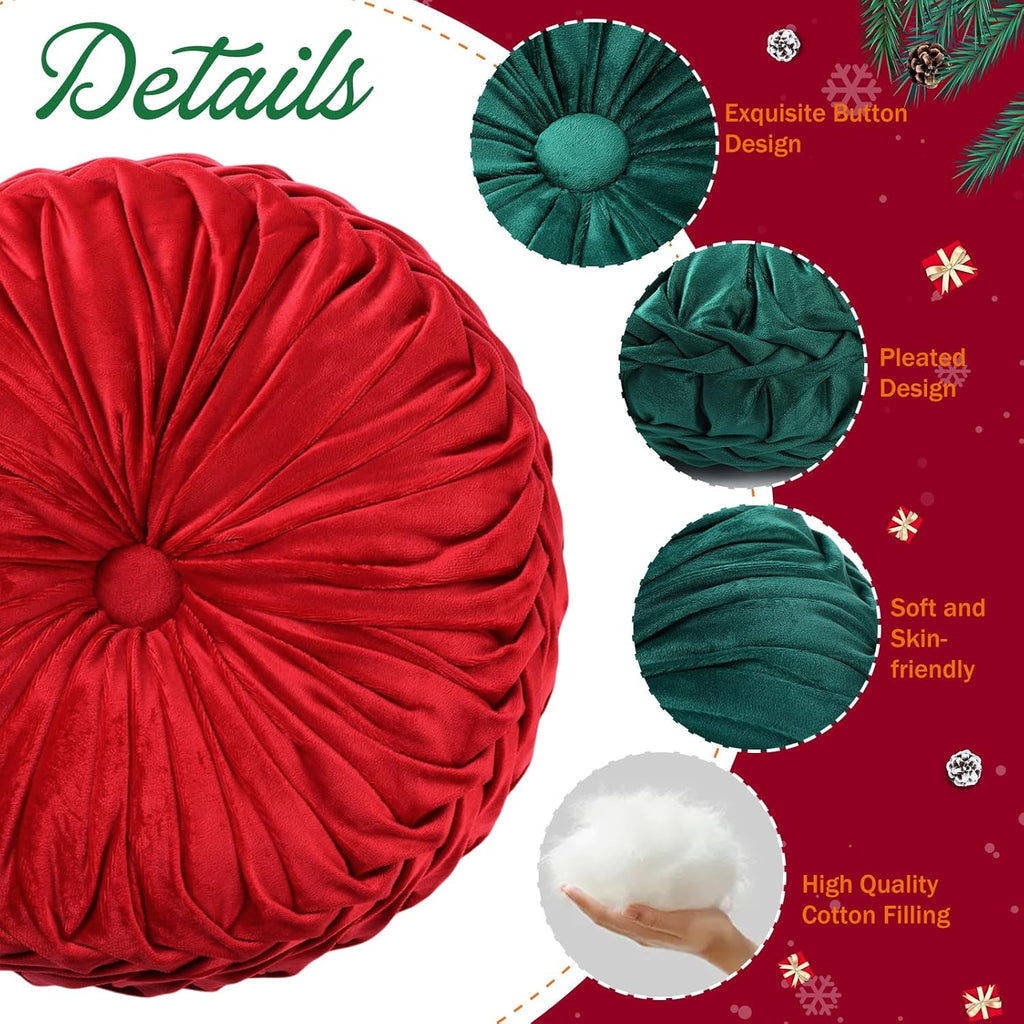 2 Pcs Round Throw Pillows 15 Inch Decorative Velvet Pleated Pumpkin Floor Boho Pillows for Living Room Couch Chair Bed Sofa (Red and Green)