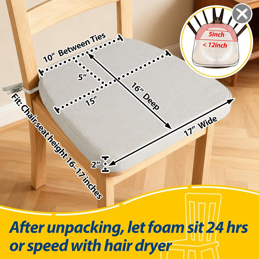 AAAAAcessories D-Shaped Chair Cushions, 2" Thick Dining Chair Pads with Ties and Removable, Machine-Washable Cover, 17" x 16", Set of 2, Natural Linen