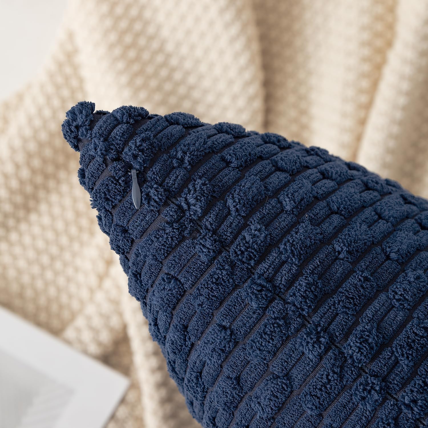 Kevin Textile 12x20 Inch Pillow Cover 1 Pack Boho Decorative Soft Striped Corduroy Lumbar Farmhouse Color Accent Rectangle Cushion Case for Living Room Couch Sofa Bed, Navy Blue