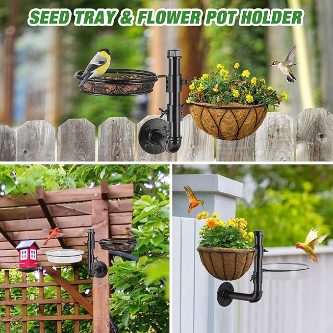 Urban Deco Wall Mounted Bird Feeder With Detachable Tray and 2 Water Bowls for Balcony, Yard, Fence, and Tree - Black