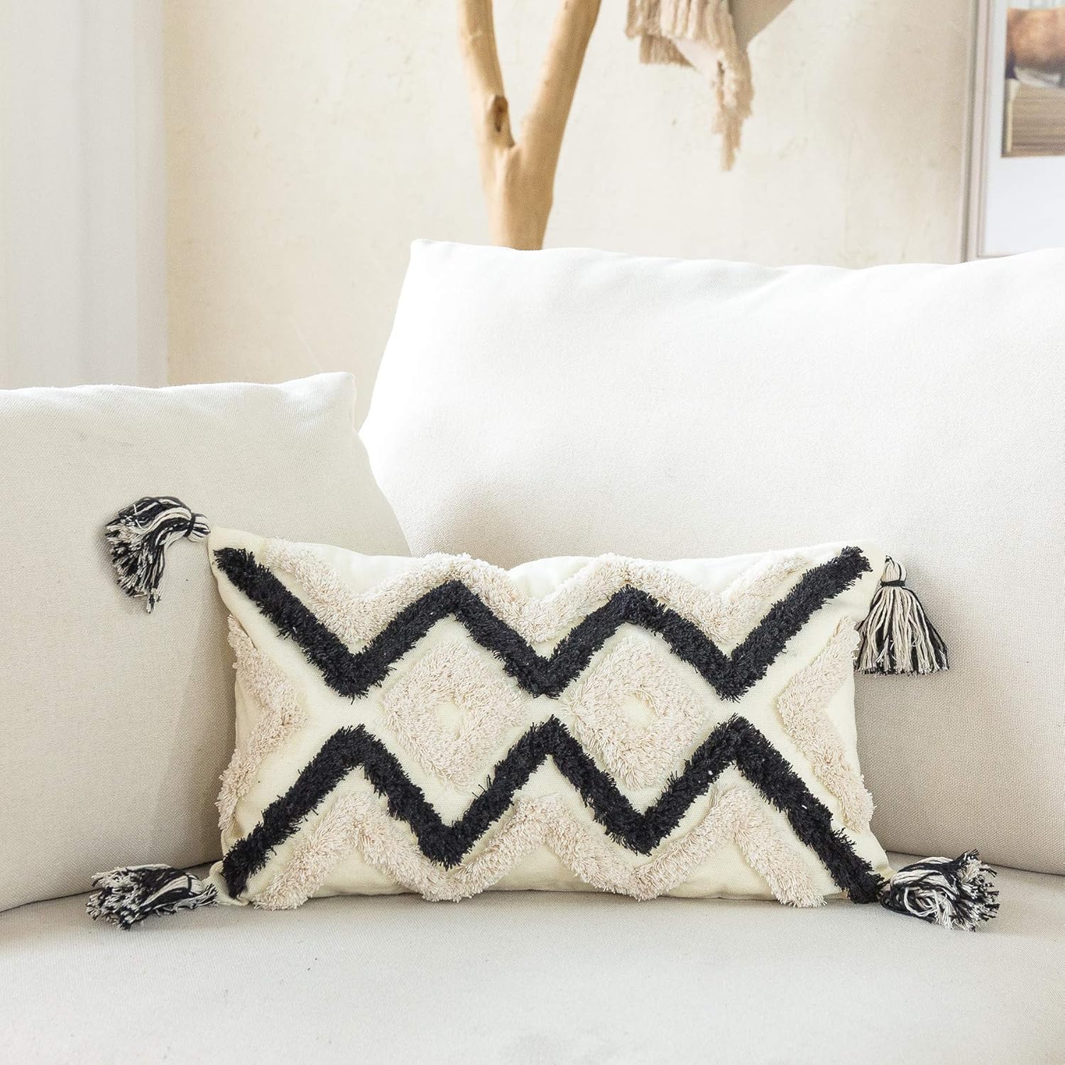 Woven Tufted Boho Lumbar Throw Pillow Cover, Modern Decorative Geometric Chevron Cushion with Tassels, Farmhouse Tribal Pillowcase for Couch Sofa Bedroom Living Room, 12 x 20 Inches, Black, Ivory